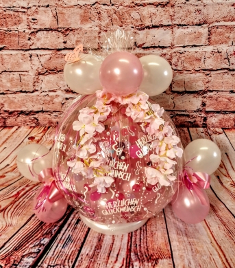 Geschenkballon Rosa und Weiß mit Blumen