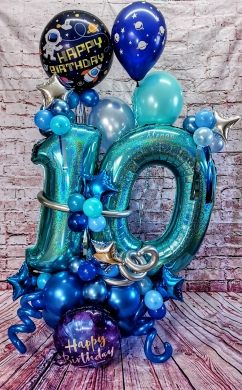 Zahl 10 in Türkis und Thema Weltraum