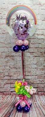 Konfettiballon mit Lila Ballon und Blumenstrauß