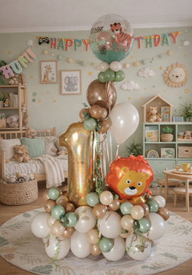 Zahl 1 mit Löwen und Happy Birthday Ballon