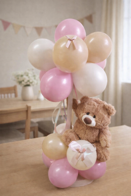 Plüschteddy mit Ballons in Rosa und Brauntönen