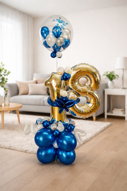 Zahl 18 mit Konfettiballon in Blau und Weiß