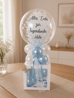 Ballonbox in Hellblau und Weiß mit Konfettiballon