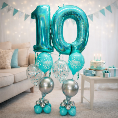 Zahl 10 in Türkis mit Konfettiballons