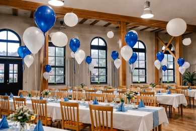 Raumdekoration mit Latexballons in Weiß und Dunkelblau