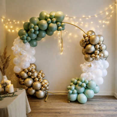 Ballonbogen in den Farben Eukalyptus, Weiß und Chrome Gold
