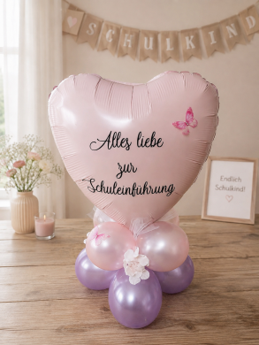 Herz als Tischdekoration zur Schuleinführung in Rosa