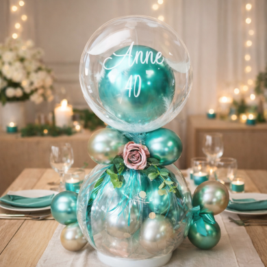 Geschenkballon mit Doppelballon und Blumen in Türkis und Champagner