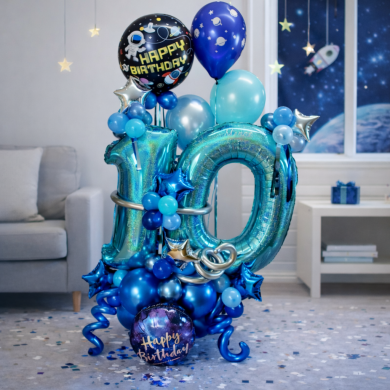 Zahl 10 in Türkis und Thema Weltraum