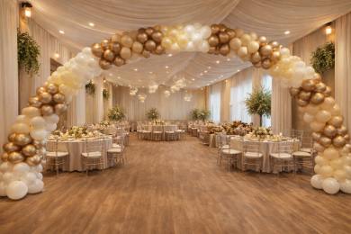 Großer Ballonbogen in Weiß, Gold, Champagnerfarben