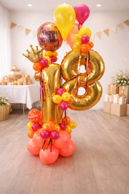 Zahl 18 mit den Farben Orange, Gelb, Gold und Pink