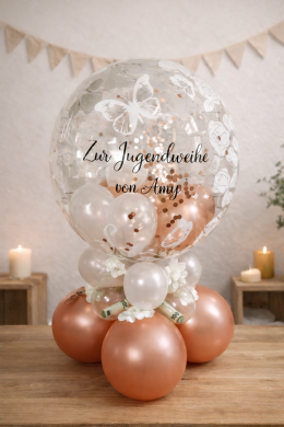 Tischballon in Rosegold und Weiß zur Jugendweihe