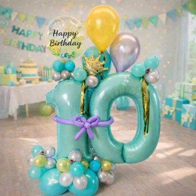 Zahl 10 in Türkis mit Flieder und Gold