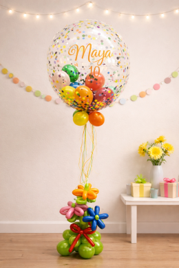 Konfettiballon bunt mit Blumenstrauß