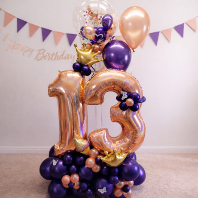 Ballonzahl mit Ballons in Rosengold und Lila