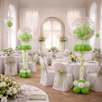 Ballonsäulen in Grün und Weiß mit großen Ballon