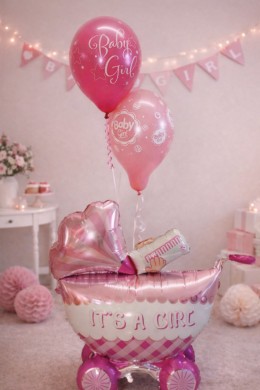 Kinderwagen in Rosa mit Ballons