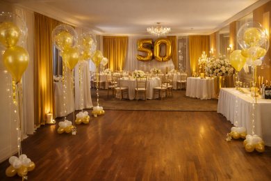 Dekoration mit Ballonzahl und goldenen Luftballons