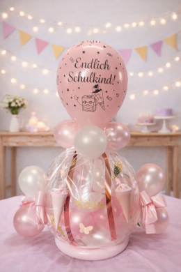 Geschenkballon zur Schuleinführung in Rosa und Weiß