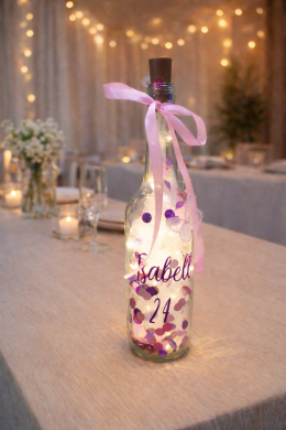 Leuchtflasche zum Geburtstag mit Konfetti in Lila, Pink und Rosa